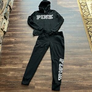 PINK Victorias Secret Black Sweat Set Jacket Small and Sweat Pants joggers XS